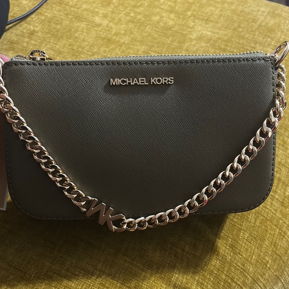 Michael Kors Jet Set safari green sm chain Pouchette leather